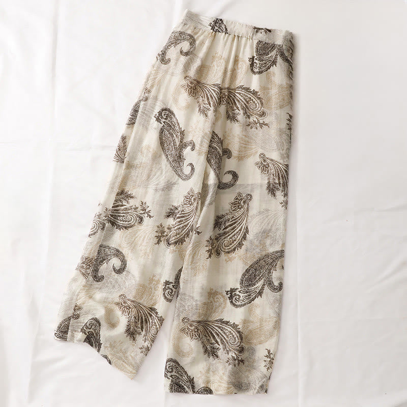 Buddha Stones Pantalon d'été bohème décontracté à motif cachemire avec fermeture éclair et poches, longueur cheville. - image 1