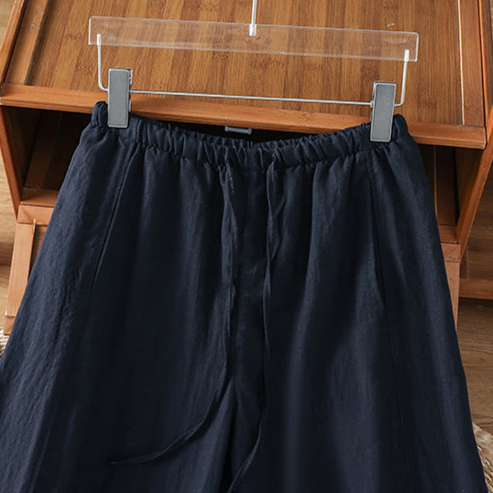 Buddha Stones Pantalon court uni décontracté d'été à cordon de serrage, coupe droite, avec poches - image 10