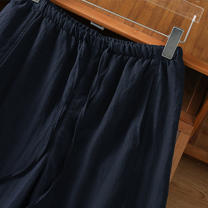 Buddha Stones Pantalon court uni décontracté d'été à cordon de serrage, coupe droite, avec poches - image 12