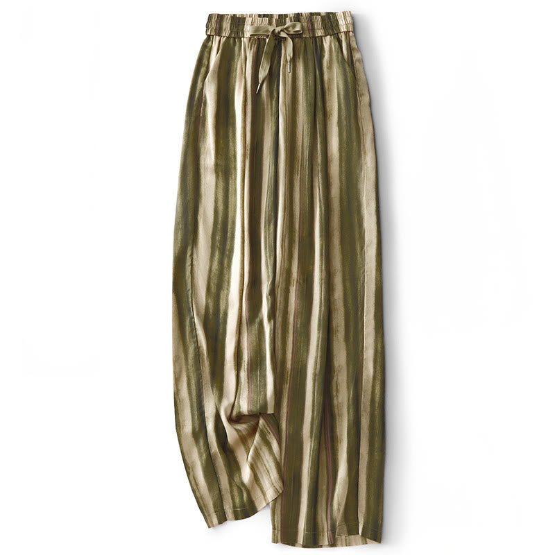Buddha Stones Pantalon long d'été élégant et décontracté à rayures verticales et cordon de serrage, coupe droite, avec poches, pour femme - DarkKhaki - US8-10, UK/AU12-14, EU40-42 (2XL) - image 0
