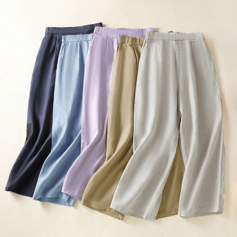 Buddha Stones Pantalon Capri uni minimaliste décontracté printemps-été, coupe droite, avec poches - image 37