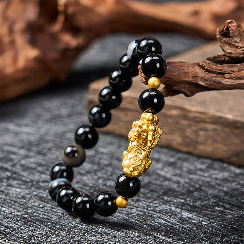 Buddha Stones Bracelet de richesse PiXiu en agate rayée brune - image 3