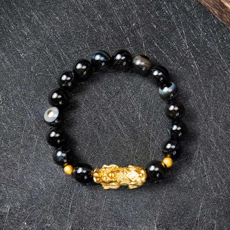 Buddha Stones Bracelet de richesse PiXiu en agate rayée brune - image 2
