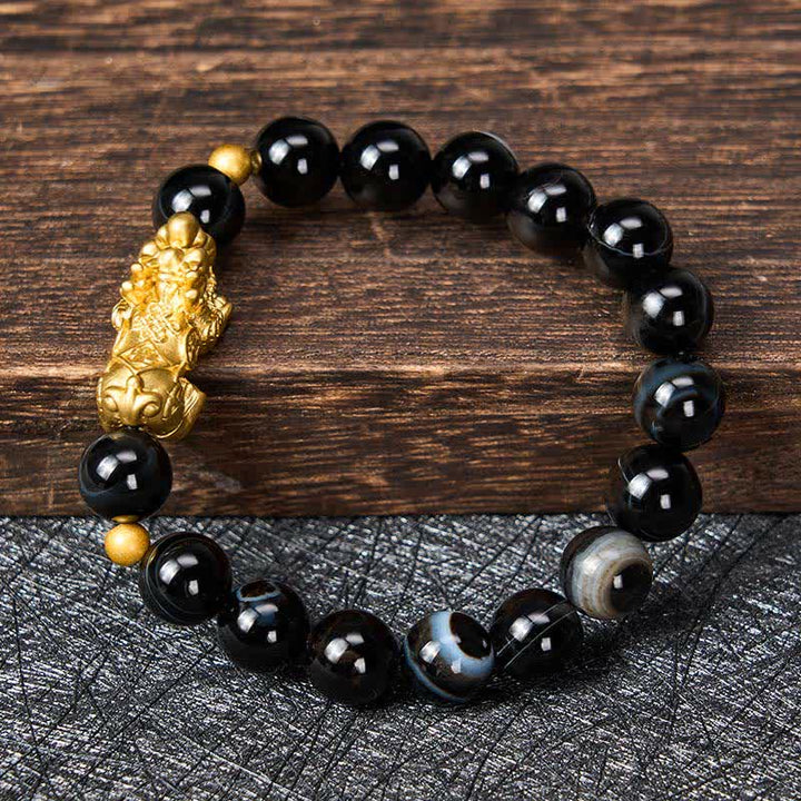 Buddha Stones Bracelet de richesse PiXiu en agate rayée brune - image 1