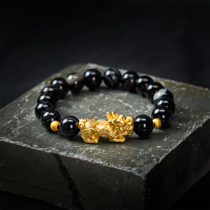 Buddha Stones Bracelet de richesse PiXiu en agate rayée brune - Agate à rayures brunes (Ancrage ♥ Protection) - image 0