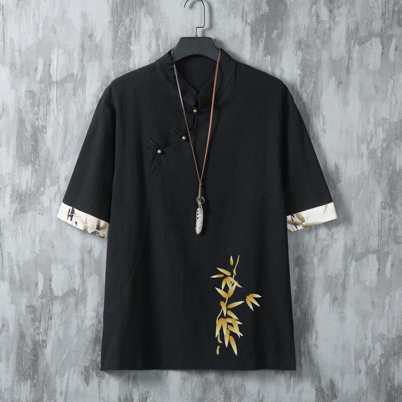 Buddha Stones Chemises à manches courtes pour hommes, style Tang, décontractées, à boutons grenouille, en bambou, été - Noir - US/UK/AU46，EU56 (5XL) - image 1