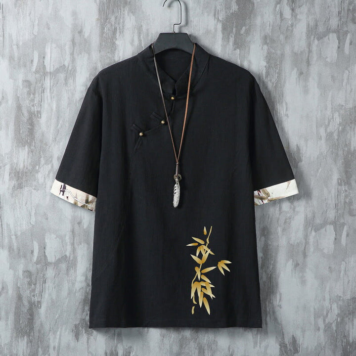 Buddha Stones Chemises à manches courtes pour hommes, style Tang, décontractées, à boutons grenouille, en bambou, été - Noir - US/UK/AU46，EU56 (5XL) - image 1