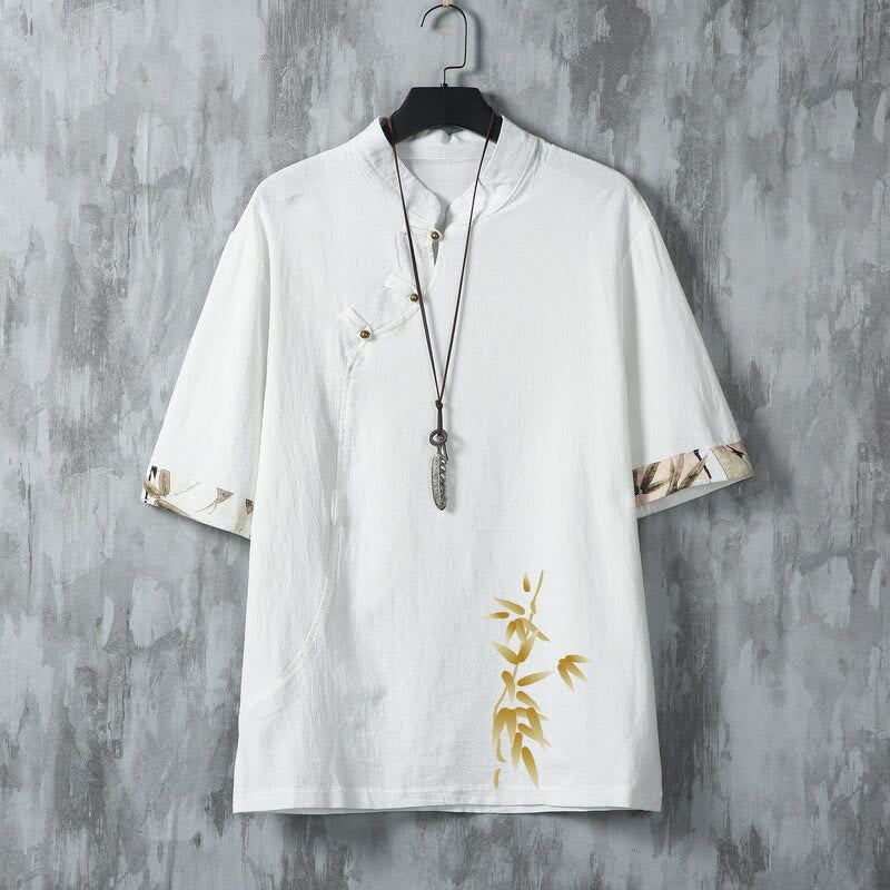 Buddha Stones Chemises à manches courtes pour hommes, style Tang, décontractées, à boutons grenouille, en bambou, été - Blanc - US/UK/AU46，EU56 (5XL) - image 2