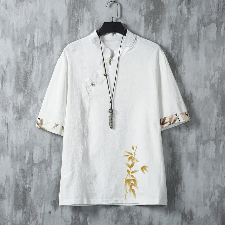 Buddha Stones Chemises à manches courtes pour hommes, style Tang, décontractées, à boutons grenouille, en bambou, été - Blanc - US/UK/AU46，EU56 (5XL) - image 2