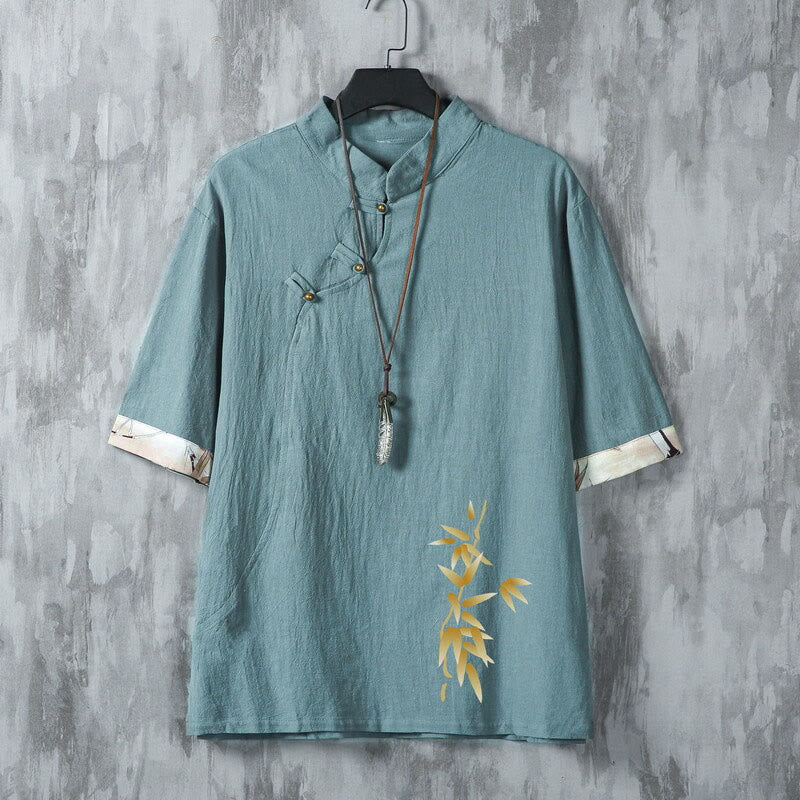 Buddha Stones Chemises à manches courtes pour hommes, style Tang, décontractées, à boutons grenouille, en bambou, été - CadetBlue - US/UK/AU46，EU56 (5XL) - image 0