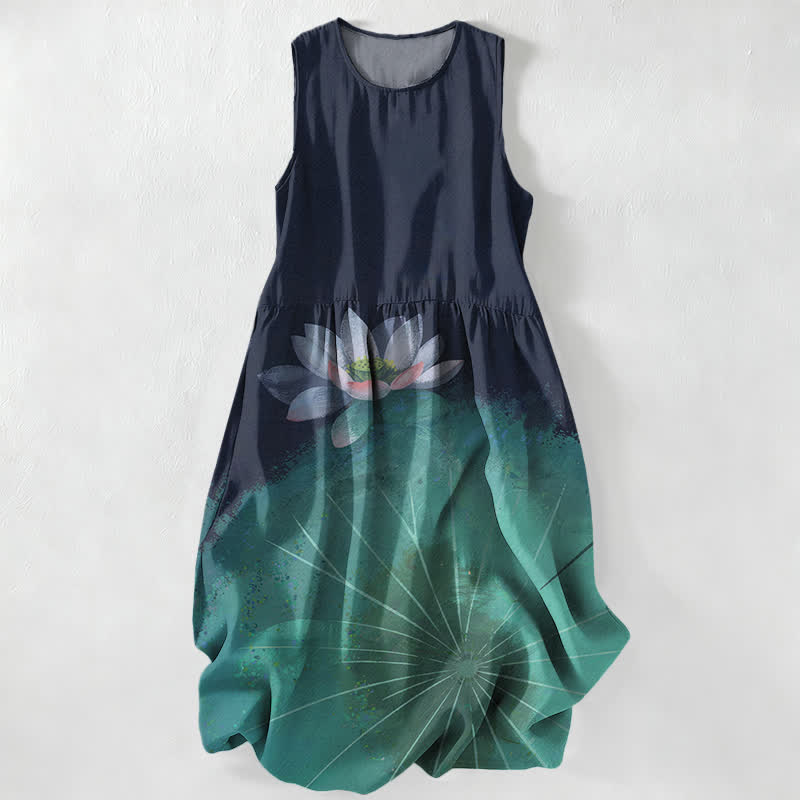 Buddha Stones Robe midi d'été décontractée pour femme, motif étang de lotus, sans manches et avec poches - image 0