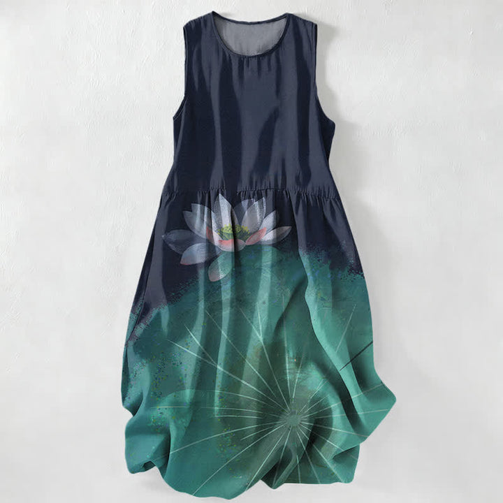 Buddha Stones Robe midi d'été décontractée pour femme, motif étang de lotus, sans manches et avec poches - image 0