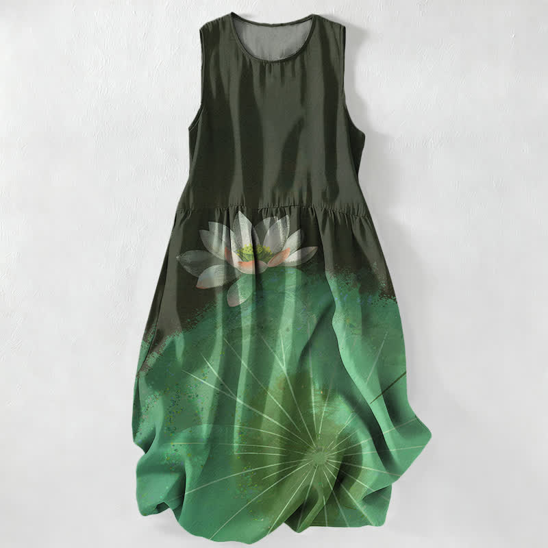 Buddha Stones Robe midi d'été décontractée pour femme, motif étang de lotus, sans manches et avec poches - image 4