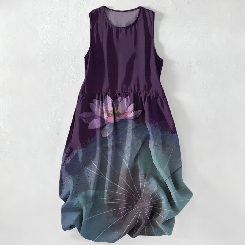 Buddha Stones Robe midi d'été décontractée pour femme, motif étang de lotus, sans manches et avec poches - image 5