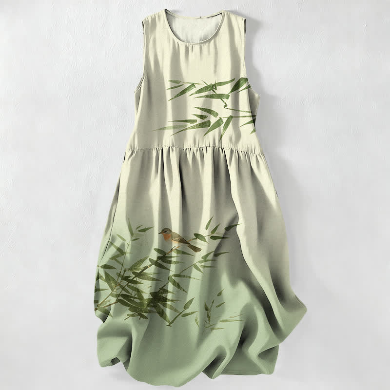 Buddha Stones Robe midi d'été décontractée pour femme, à motif d'oiseaux en bambou, sans manches et avec poches - Vert pâle - US16，UK/AU20，EU48 (3XL) - image 5