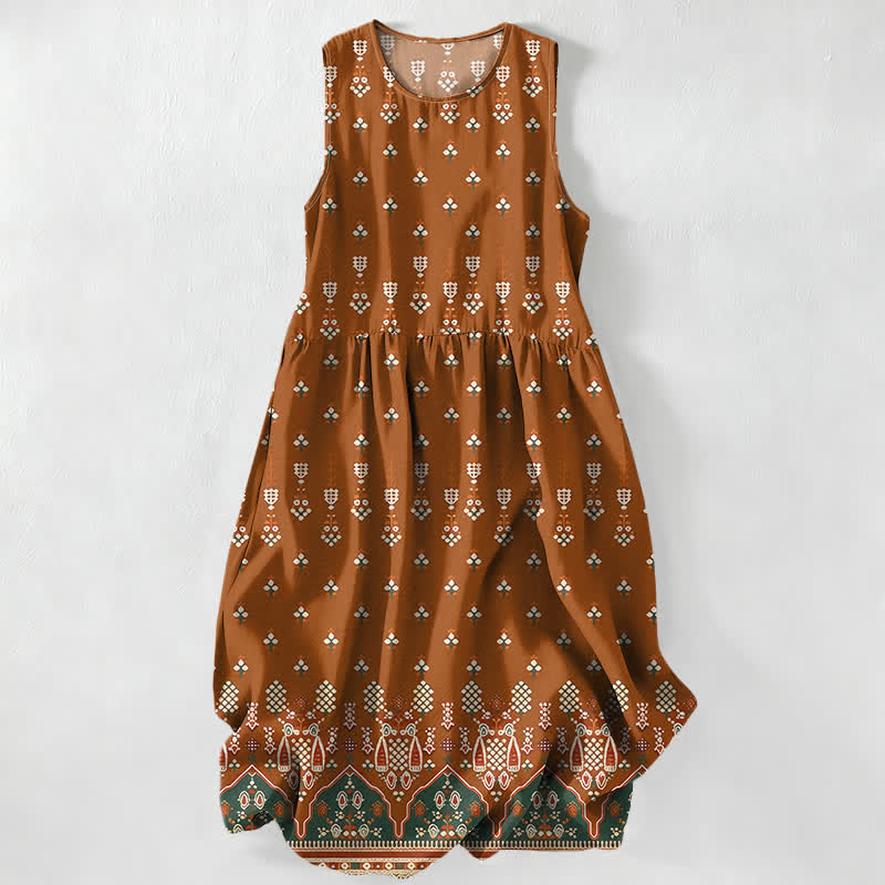 Buddha Stones Robe midi d'été décontractée, bohème, à motif floral géométrique et sans manches, avec poches. - Pérou - US16，UK/AU20，EU48 (3XL) - image 0