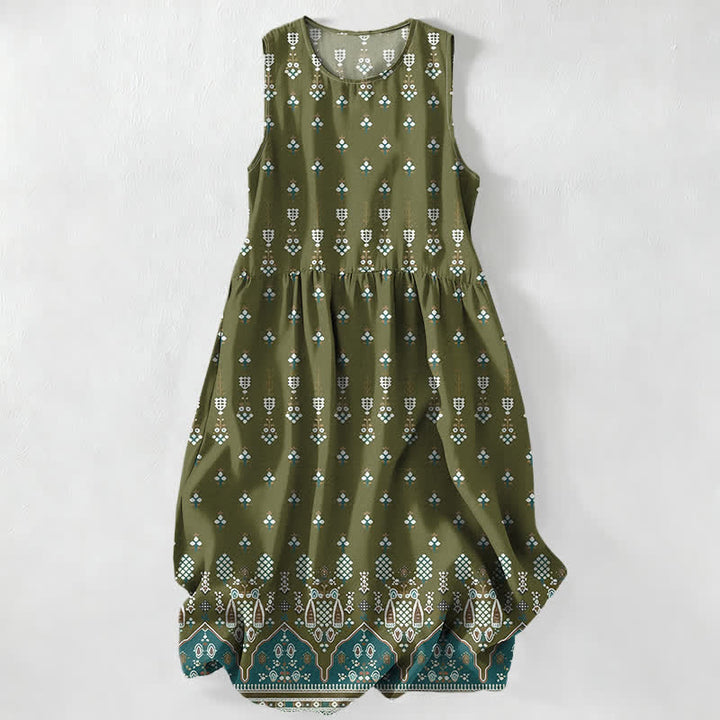 Buddha Stones Robe midi d'été décontractée, bohème, à motif floral géométrique et sans manches, avec poches. - Olive - US16，UK/AU20，EU48 (3XL) - image 4