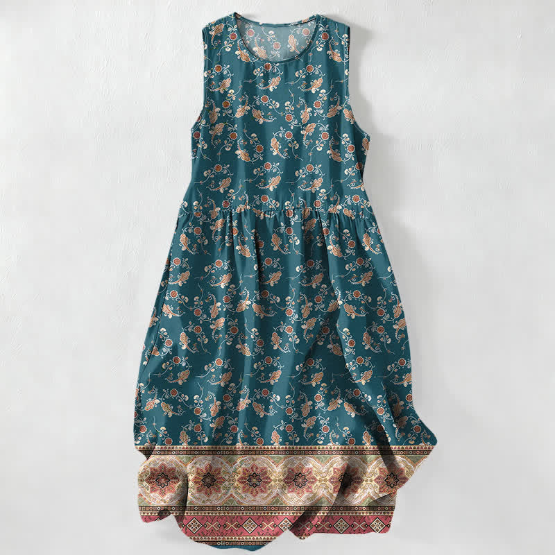 Buddha Stones Robe midi d'été décontractée pour femme, sans manches, à motif floral et bordure de vigne, avec poches - Sarcelle - US16，UK/AU20，EU48 (3XL) - image 0