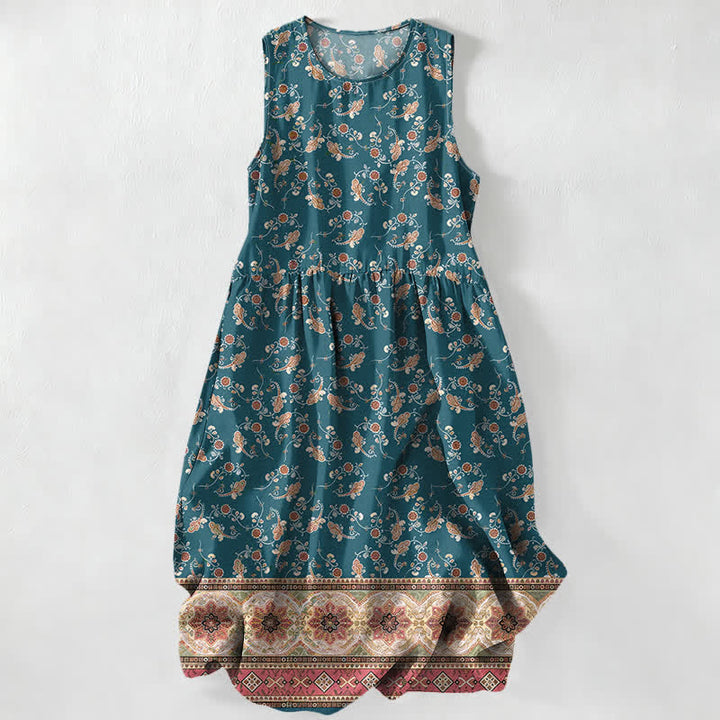 Buddha Stones Robe midi d'été décontractée pour femme, sans manches, à motif floral et bordure de vigne, avec poches - Sarcelle - US16，UK/AU20，EU48 (3XL) - image 0