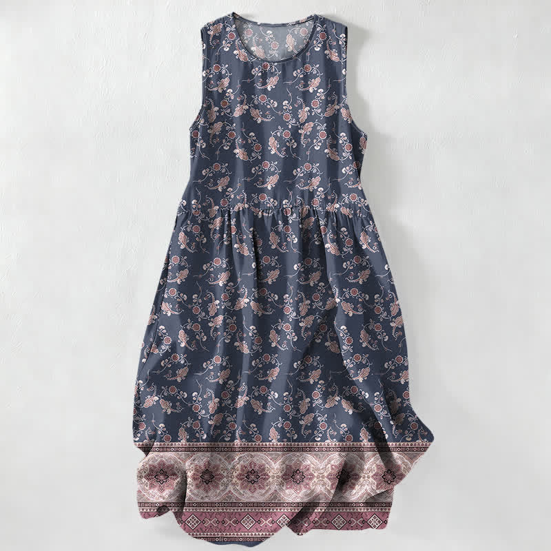 Buddha Stones Robe midi d'été décontractée pour femme, sans manches, à motif floral et bordure de vigne, avec poches - Gris ardoise - US16，UK/AU20，EU48 (3XL) - image 4