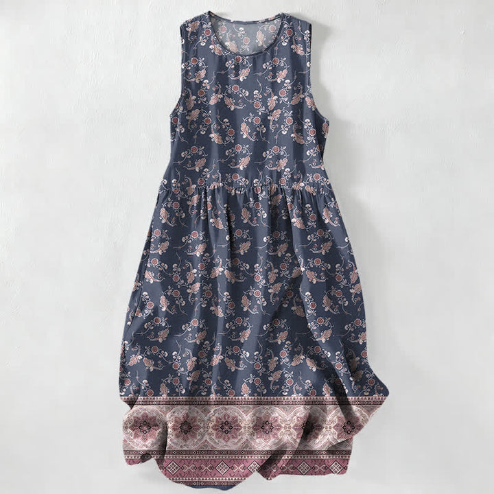 Buddha Stones Robe midi d'été décontractée pour femme, sans manches, à motif floral et bordure de vigne, avec poches - Gris ardoise - US16，UK/AU20，EU48 (3XL) - image 4