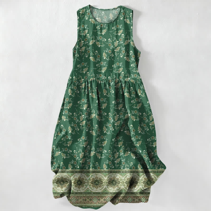 Buddha Stones Robe midi d'été décontractée pour femme, sans manches, à motif floral et bordure de vigne, avec poches - Vert forêt - US16，UK/AU20，EU48 (3XL) - image 5