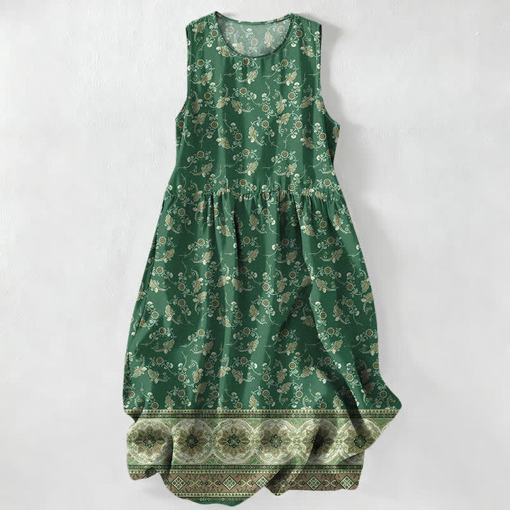 Buddha Stones Robe midi d'été décontractée pour femme, sans manches, à motif floral et bordure de vigne, avec poches - Vert forêt - US16，UK/AU20，EU48 (3XL) - image 5