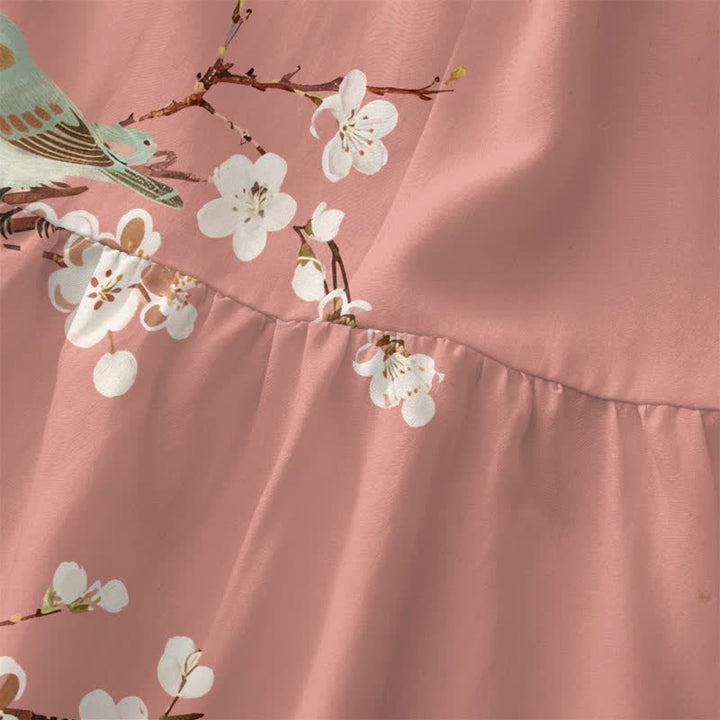 Buddha Stones Robe midi d'été décontractée pour femme, sans manches, à motif de branches fleuries et d'oiseaux, avec poches - image 1
