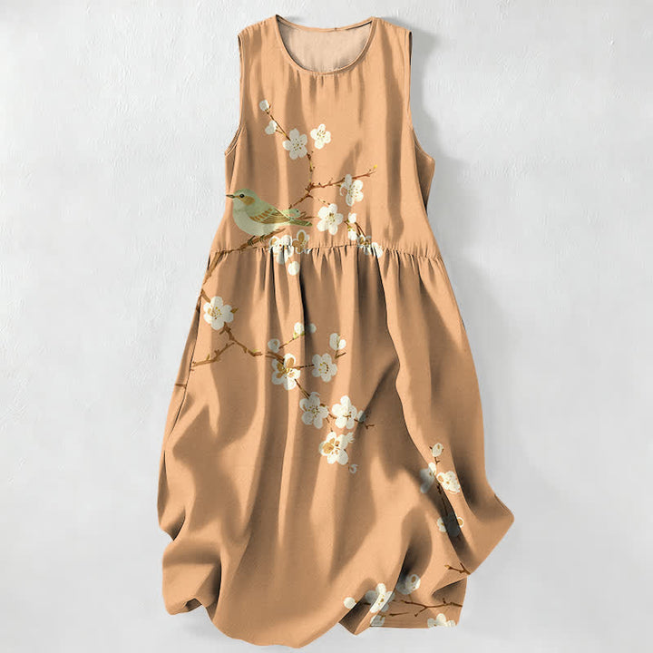 Buddha Stones Robe midi d'été décontractée pour femme, sans manches, à motif de branches fleuries et d'oiseaux, avec poches - SandyBrown - US16，UK/AU20，EU48 (3XL) - image 4