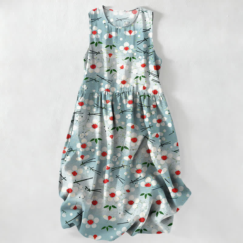 Buddha Stones Robe midi d'été décontractée pour femme, à motif de branches de baies et de fleurs sauvages, sans manches et avec poches - Turquoise pâle - US16，UK/AU20，EU48 (3XL) - image 0