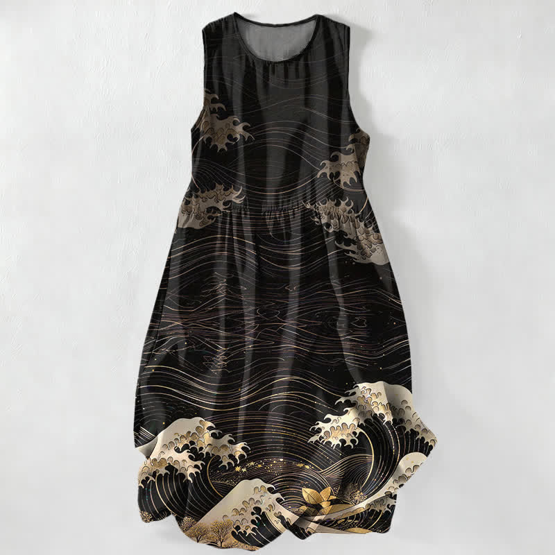 Buddha Stones Robe midi d'été décontractée pour femme, motif vagues océaniques Ukiyoe, sans manches et avec poches - Noir - US16，UK/AU20，EU48 (3XL) - image 0