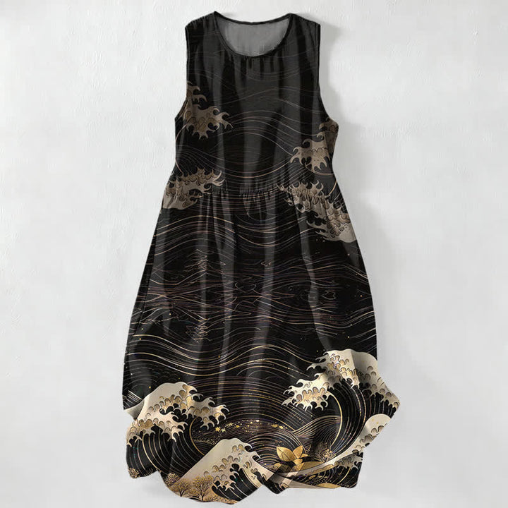 Buddha Stones Robe midi d'été décontractée pour femme, motif vagues océaniques Ukiyoe, sans manches et avec poches - Noir - US16，UK/AU20，EU48 (3XL) - image 0