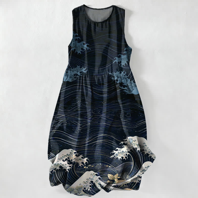 Buddha Stones Robe midi d'été décontractée pour femme, motif vagues océaniques Ukiyoe, sans manches et avec poches - Marine - US16，UK/AU20，EU48 (3XL) - image 4