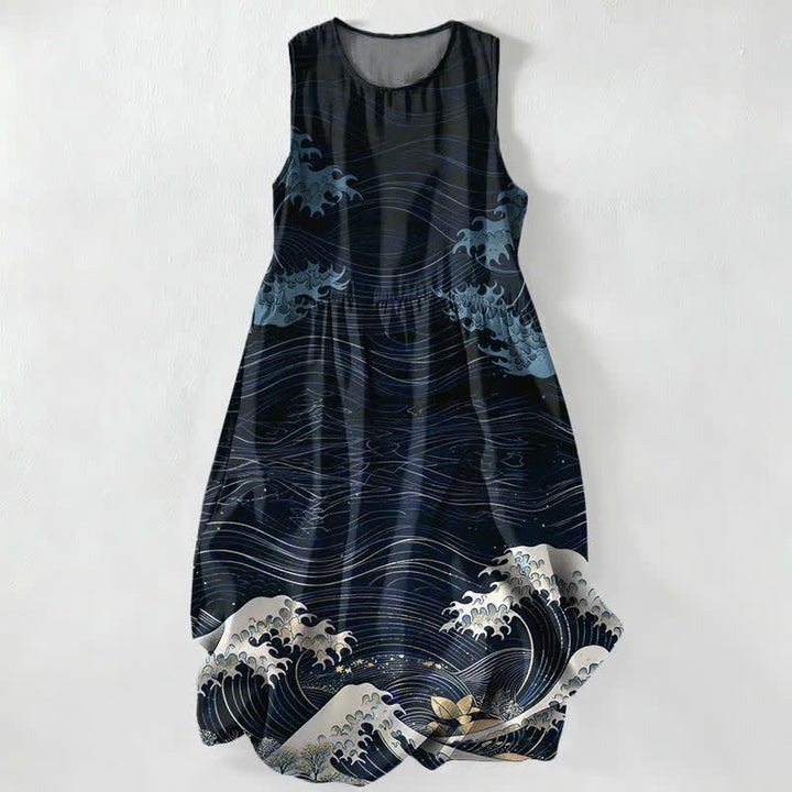 Buddha Stones Robe midi d'été décontractée pour femme, motif vagues océaniques Ukiyoe, sans manches et avec poches - Marine - US16，UK/AU20，EU48 (3XL) - image 4