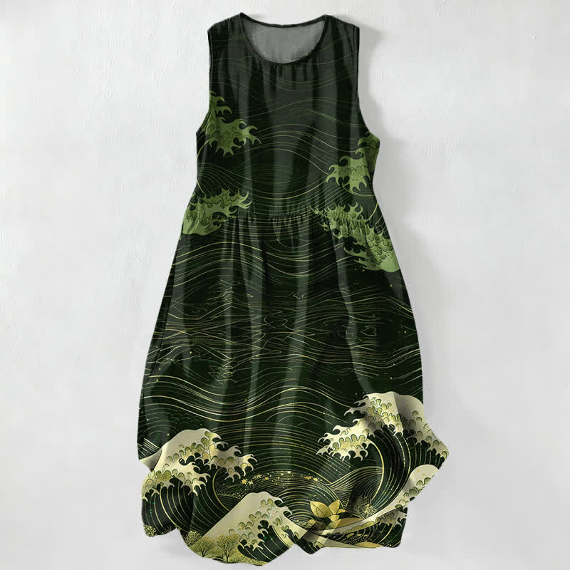 Buddha Stones Robe midi d'été décontractée pour femme, motif vagues océaniques Ukiyoe, sans manches et avec poches - Vert foncé - US16，UK/AU20，EU48 (3XL) - image 5
