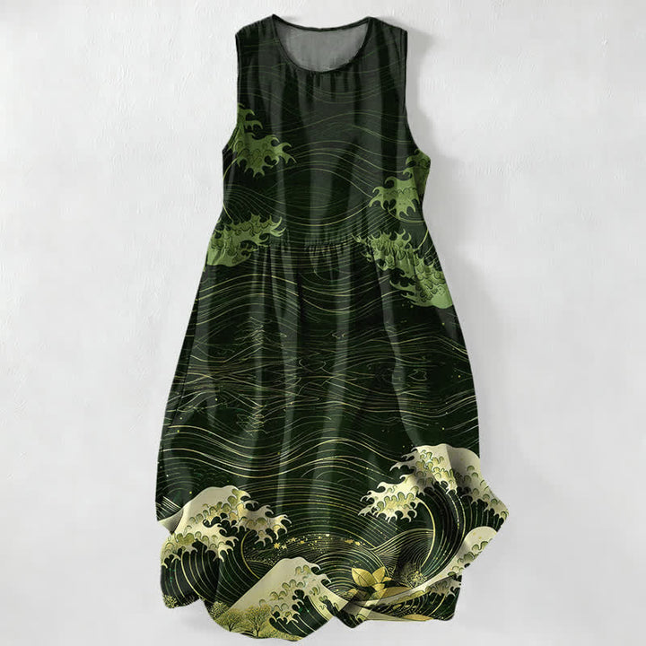 Buddha Stones Robe midi d'été décontractée pour femme, motif vagues océaniques Ukiyoe, sans manches et avec poches - Vert foncé - US16，UK/AU20，EU48 (3XL) - image 5