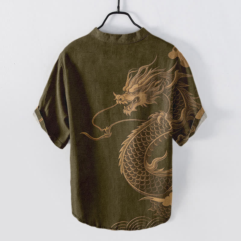 Buddha Stones Chemise homme à manches courtes et demi-boutonnages, motif dragon doré en coton - image 1