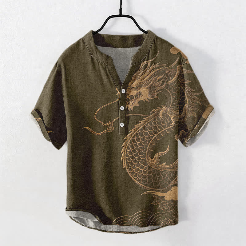 Buddha Stones Chemise homme à manches courtes et demi-boutonnages, motif dragon doré en coton - Olive - US/UK/AU50，EU60 (5XL) - image 0