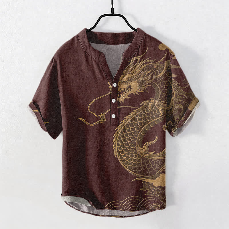 Buddha Stones Chemise homme à manches courtes et demi-boutonnages, motif dragon doré en coton - Bordeaux - US/UK/AU50，EU60 (5XL) - image 5