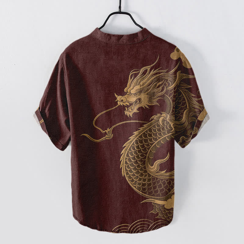 Buddha Stones Chemise homme à manches courtes et demi-boutonnages, motif dragon doré en coton - image 6