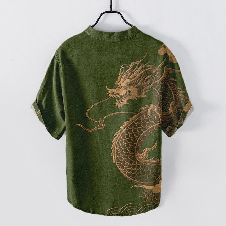 Buddha Stones Chemise homme à manches courtes et demi-boutonnages, motif dragon doré en coton - image 8