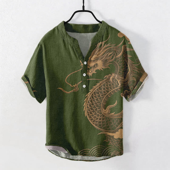 Buddha Stones Chemise homme à manches courtes et demi-boutonnages, motif dragon doré en coton - Vert olive foncé - US/UK/AU50，EU60 (5XL) - image 7