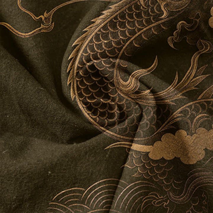 Buddha Stones Chemise homme à manches courtes et demi-boutonnages, motif dragon doré en coton - image 4