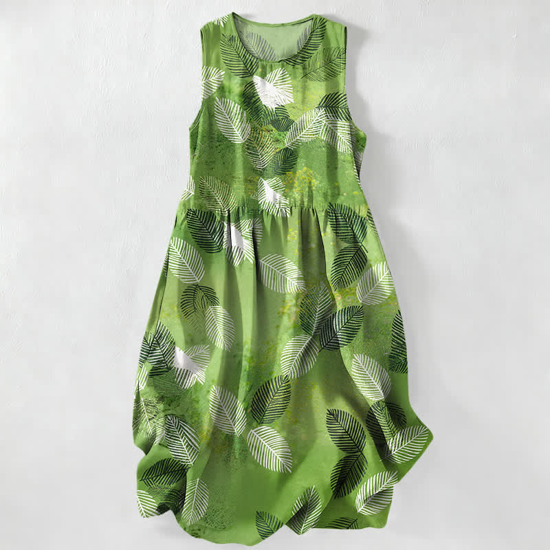 Buddha Stones Robe midi d'été décontractée pour femme, à motif de feuilles tropicales, sans manches et avec poches - JauneVert - US16，UK/AU20，EU48 (3XL) - image 0