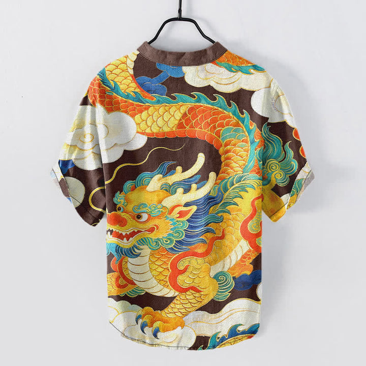 Buddha Stones Chemise à manches courtes pour homme en coton, motif de dragon doré et de nuages ​​porte-bonheur - image 1