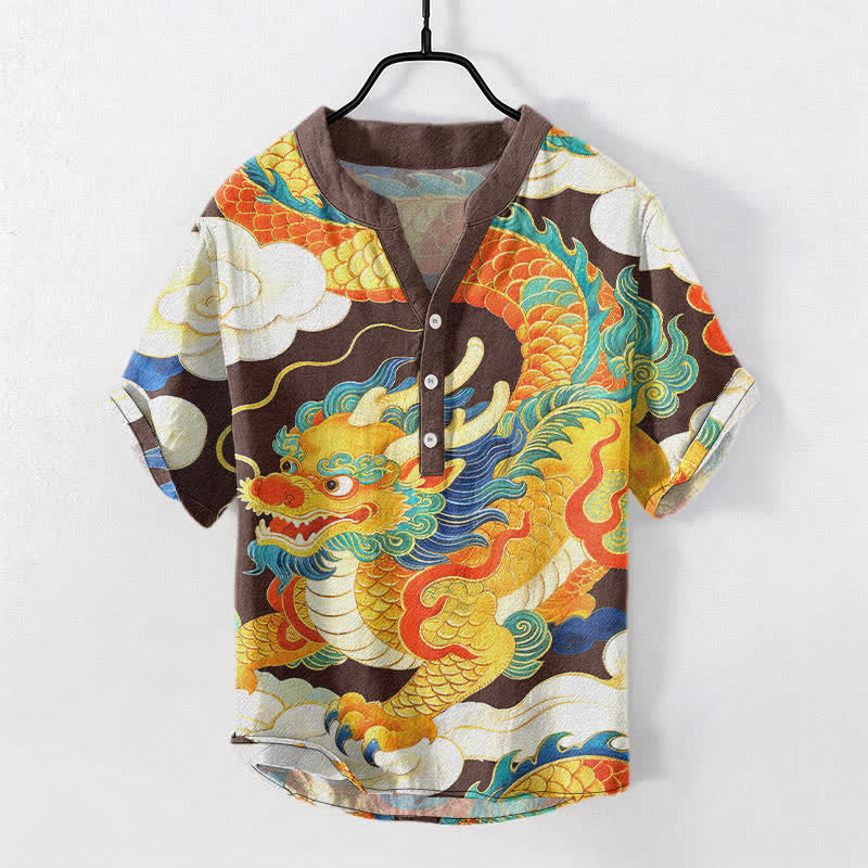 Buddha Stones Chemise à manches courtes pour homme en coton, motif de dragon doré et de nuages ​​porte-bonheur - SaddleBrown - US/UK/AU50，EU60 (5XL) - image 0