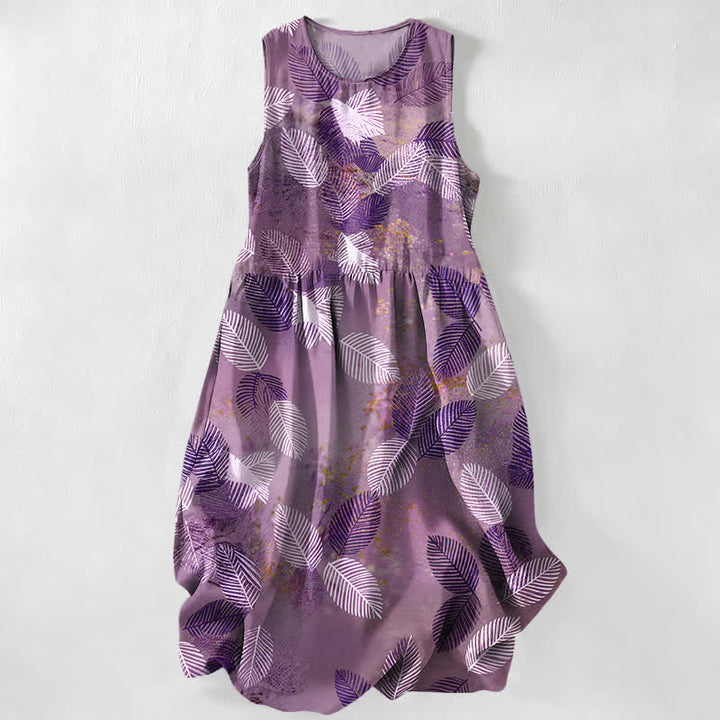 Buddha Stones Robe midi d'été décontractée pour femme, à motif de feuilles tropicales, sans manches et avec poches - Prune - US16，UK/AU20，EU48 (3XL) - image 5