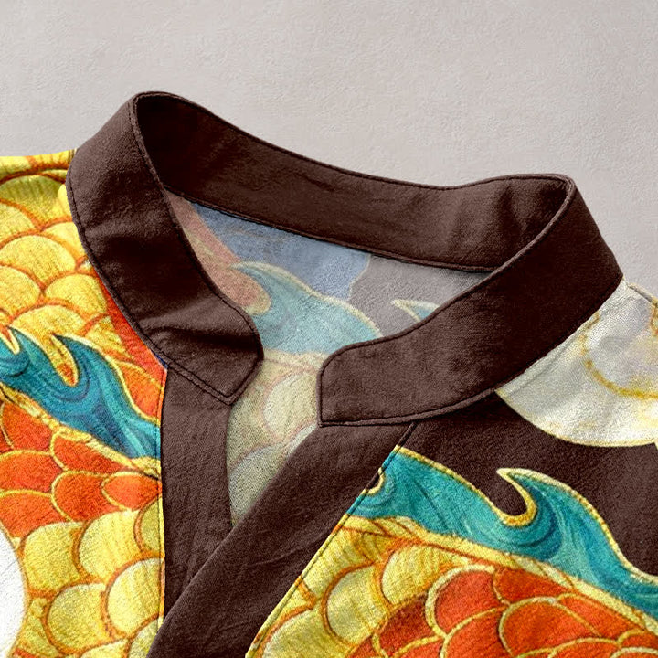Buddha Stones Chemise à manches courtes pour homme en coton, motif de dragon doré et de nuages ​​porte-bonheur - image 2