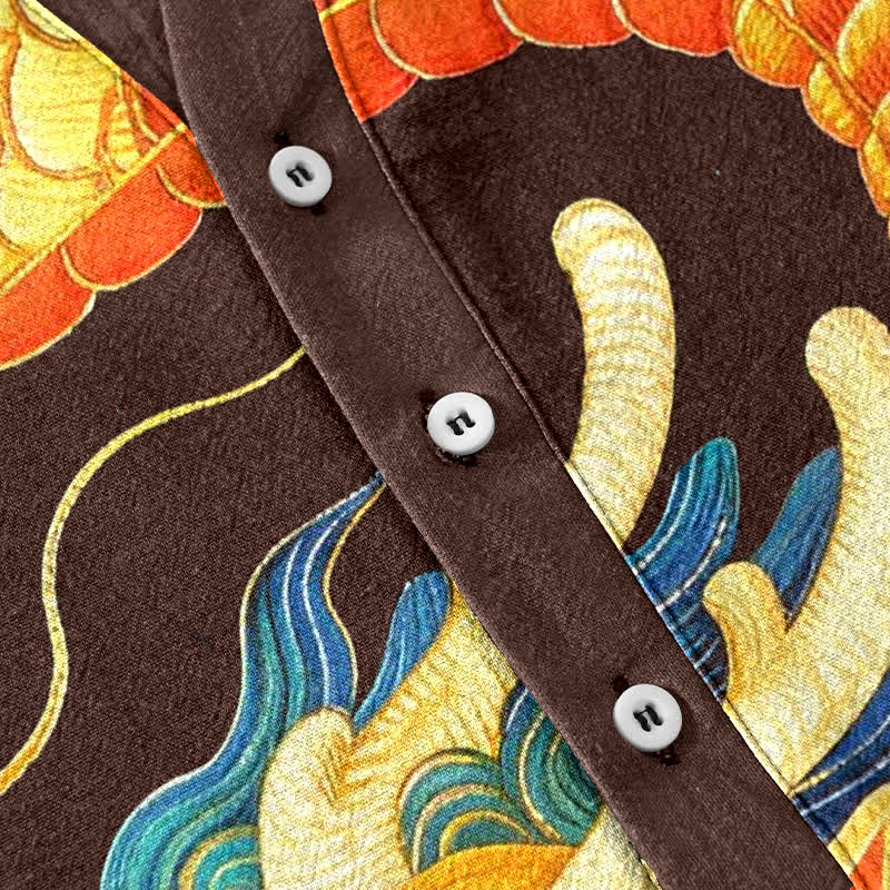 Buddha Stones Chemise à manches courtes pour homme en coton, motif de dragon doré et de nuages ​​porte-bonheur - image 3