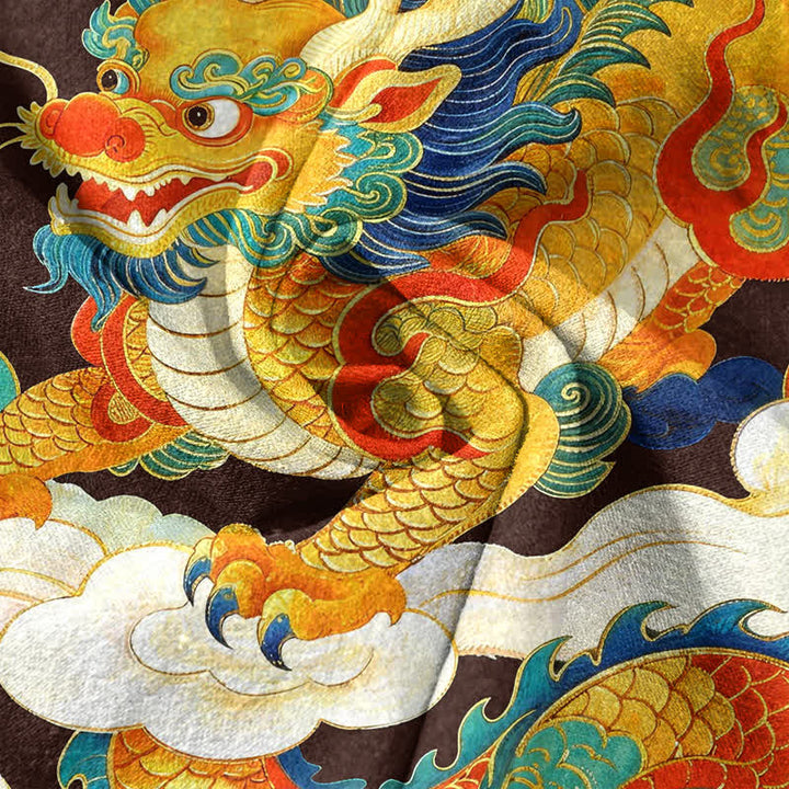Buddha Stones Chemise à manches courtes pour homme en coton, motif de dragon doré et de nuages ​​porte-bonheur - image 4
